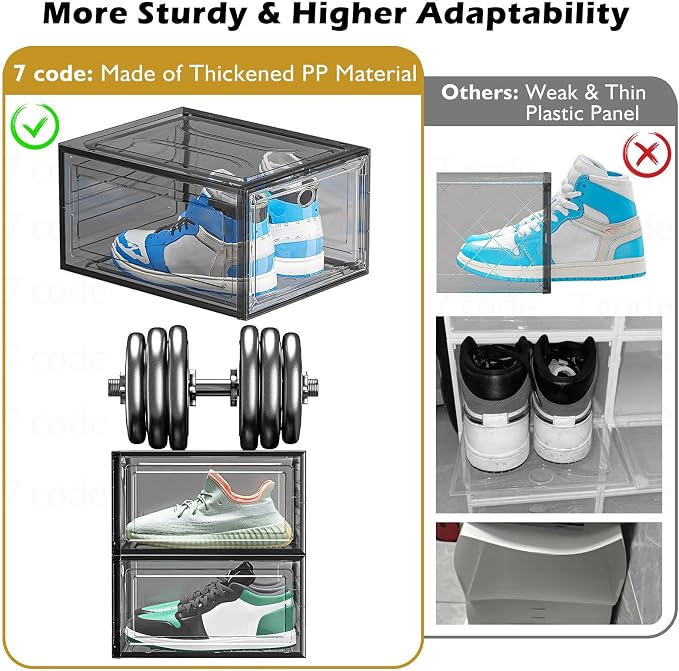 Sturdy Clear Shoe Organizer with Magnetic Door, Stackable Shoe Storage Box | Thick Plastic Shoe Storage for Sneakers & Boots, Collapsible Closet Shoe Rack and Clear Shoe Box, 6 Pack Black