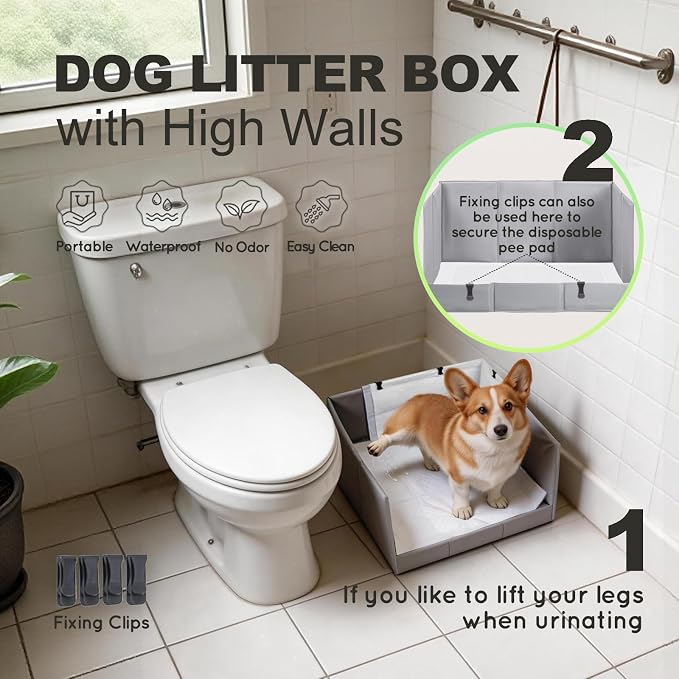 HQ4US 4LEGS Dog Litter Box Indoor High Walls, Puppy Pee Pad Holder Foldable | Dog Potty Tray, Medium Dog Toilet with Clips, No Assembly,Waterproof, Easy Clean, No Spill, Seamless, Portable for Travel