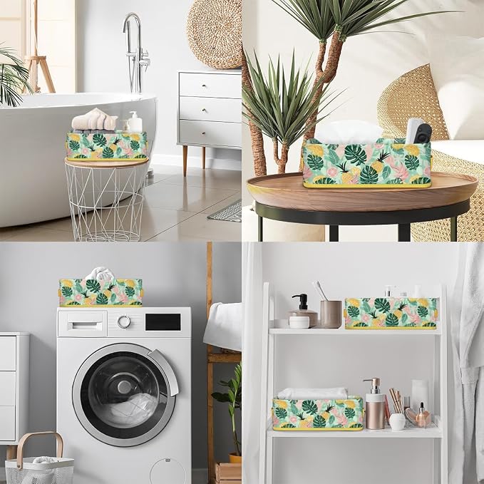 Lemon Pineapple Summer Bathroom Storage Basket, Foldable with Handle Open Countertop Paper Towel Decorative Box, Toilet Tank Top Shelf Baskets for Home Closet Bedroom Living Room Office