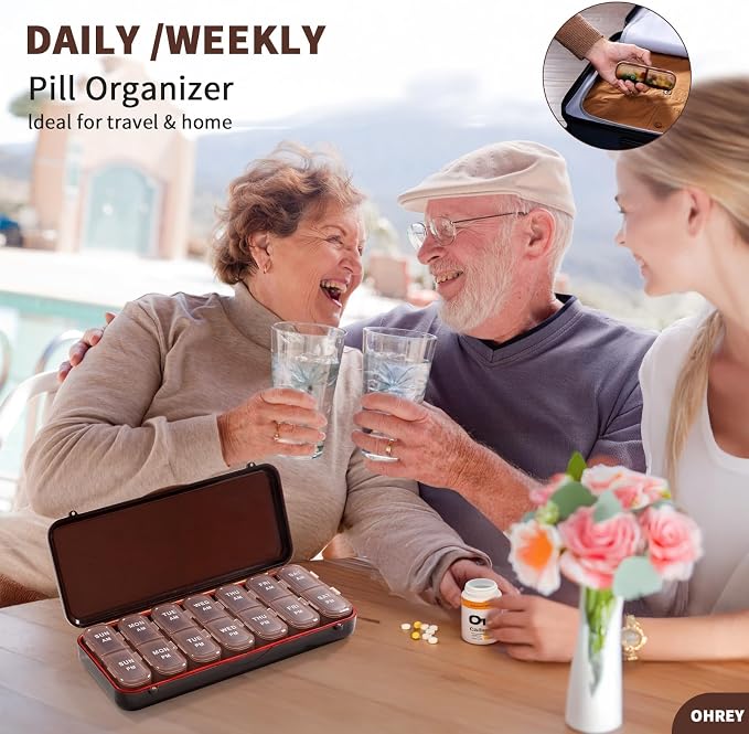 Pill Organizer 2 Times a Day, Weekly Travel Case for Vitamins, Fish Oils + 2 Detachable Cute Boxes (Brown)