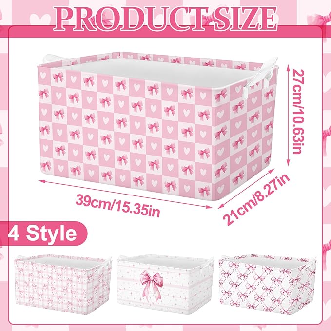 4pcs Christmas Storage Basket Fabric Laundry Baskets with Handle Xmas Foldable Organizer Boxes for Office Home Baby Cloth Toy Book 15 x 10 x 8 (Pink Bowknot)