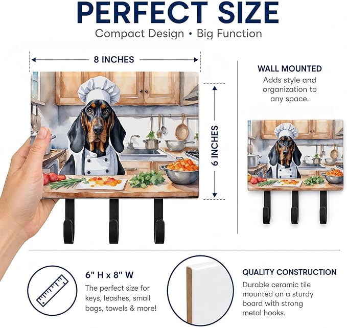 Caroline's Treasures Black and Tan Coonhound The Chef Leash or Key Holder Wall Hooks, Key Hooks Holder, Coat Rack Wall Mount, Coat Hooks, Hooks for Hanging Keys, Towels, Aprons, Leashes | Black and Tan Coonhound The Chef artwork on ceramic tile with th...