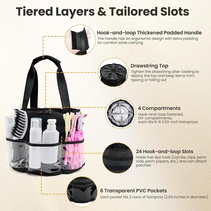 Hairstylist Travel Bag, with Dust Cover, 11L Large Capacity, Heat-Resistant Interior, Clear Pockets, 24 Hook-and-loop Slots, Top Drawstring, Makeup & Pet Grooming Supplies Organizer