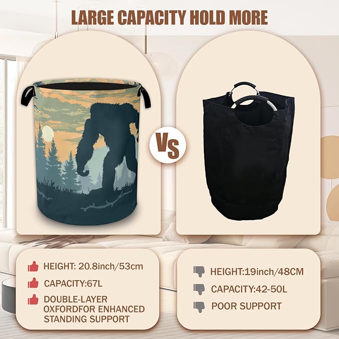 Laundry Basket Big Foot Forest Collapsible Laundry Baskets Waterproof Oxford Cloth With Handles,Sunset Laundry Hamper Clothes Storage Bucket Toy Organizer for Bathroom/Nursery/Bedroom 16" x 20.8"