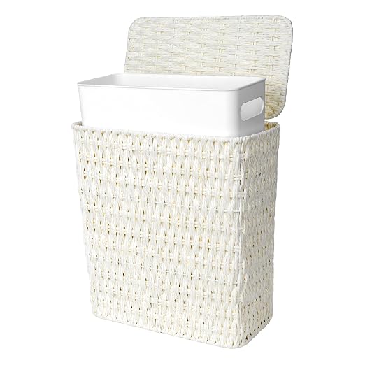 Wicker Trash Can,3 Gallon Bathroom Trash Can with Lid,Handwoven Paper Rope Rattan Waste Basket with Removable Liner and Built-in Handles for Bedroom,Toilet,Narrow Spaces,White