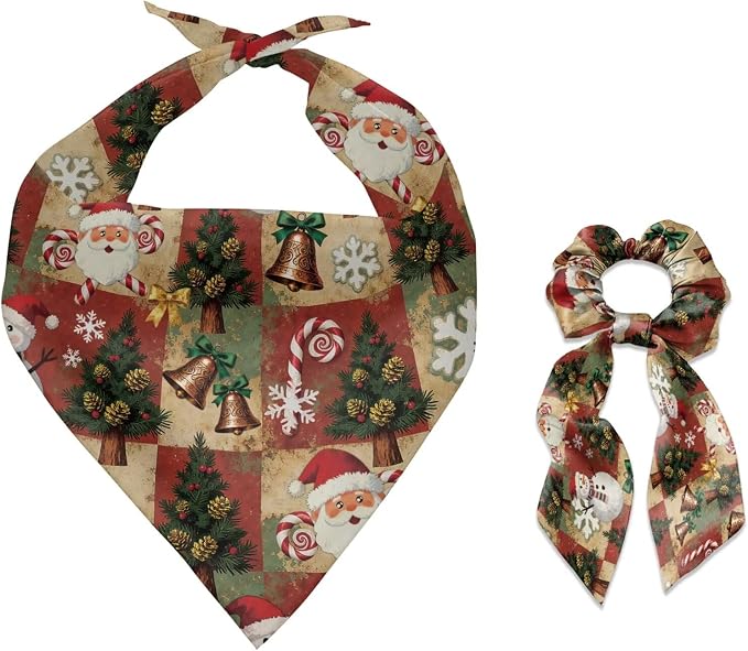 COEQINE Dog Mom Bandanas Tree Bell Santa Plaid Bandana for Pet with Hair Tie Storage Set 2 Pcs Pet and Owner Matching Outfits for Holiday Christmas Birthday Decor