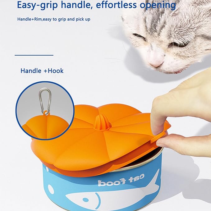 3 Sizes Three-Ring Universal Pet Food Can Lid, Pumpkin Shaped BPA Free Silicone Airtight Cover with Food Scraper Spoon & Portable Carabiner, Reusable Dog Cat Wet Food Storage Cover Orange