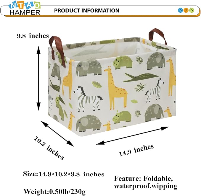 NTAOHAMPER Rectangular Green Storage Basket,Collapsible Gift Basket with Handles,Kids Toys/Books Box,Room Decor(Green Animal)
