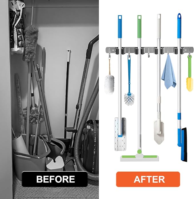 ZONGOOL 2 Pack Mop Broom Holder Wall Mount 4 Racks 5 Hooks Storage Silver | 304 Rustproof Stainless Steel Broom Hanger, Non-Slip Wall Mount Organizer, Space Saving For Kitchen, Laundry, Garden