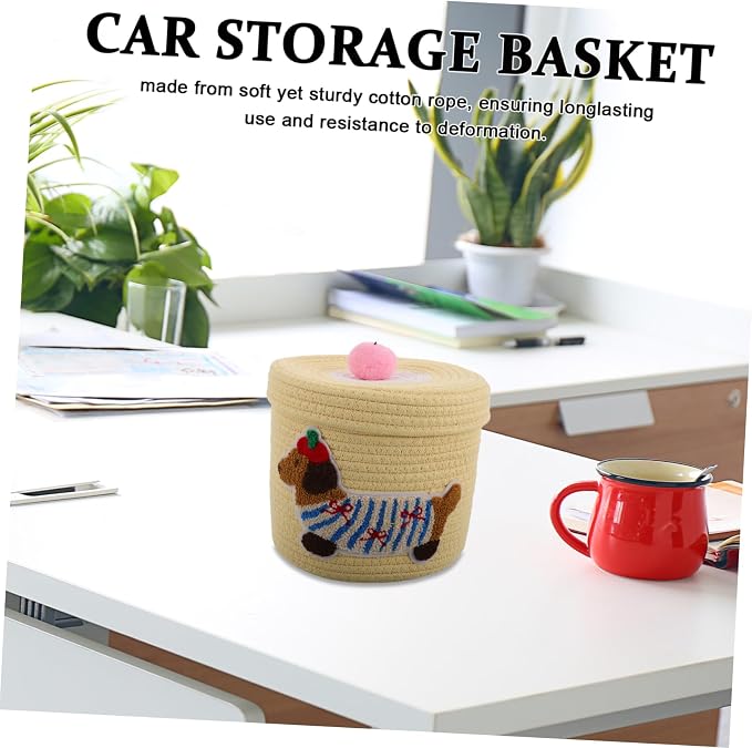 Cute Dog Storage Basket with Lid Woven Cotton Rope Organizer for Car Nursery and Pet Toys Generous Capacity Dust Protection Adorable Design Yellow Dachshund