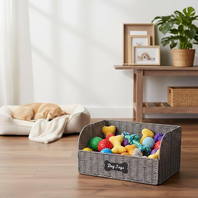 Dog Toy Basket Large Foldable Portable Rattan Dog Toy Storage Organizer for Living Room Bedroom Entryway Floor Corner Pet Toys Basket with Label, Dogs Toys Bin for Cats, Dogs and Pets-Grey