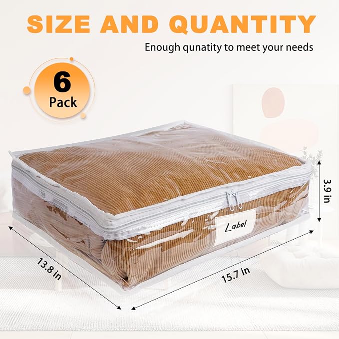 Clear Zippered Plastic Clothes Storage Bags, 6 Pack, White | Clear Storage Bags with Zipper Plastic Storage Bags for Clothes Sweaters Blankets Sheets, Size: 15.7 x 13.8 x 3.9 Inch