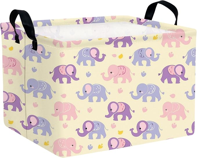 Kid Cute Rectangle Storage Basket Baby Toy Clothes Storage Bin Nursery Playroom Bedroom Decor Basket (Pink&Purple Elephant)
