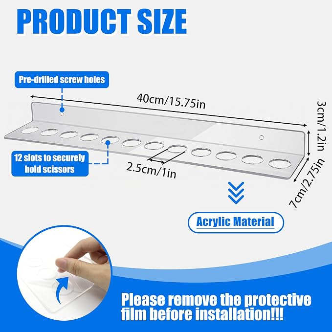 12 Slots Wall Mounted Scissor Holder, Acrylic Shear Holder for Stylist | Clear Hair Tools Organizer with Hanging Screws for Barber Dog Grooming Hairdresser