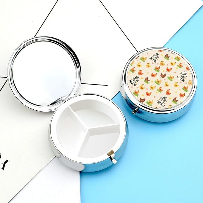 Purse Pill Organizer, Life is Better with Chicken Rooster Cute Round Box, Compact Case for Vitamins, Travel Dispenser Pocket Carry for Her