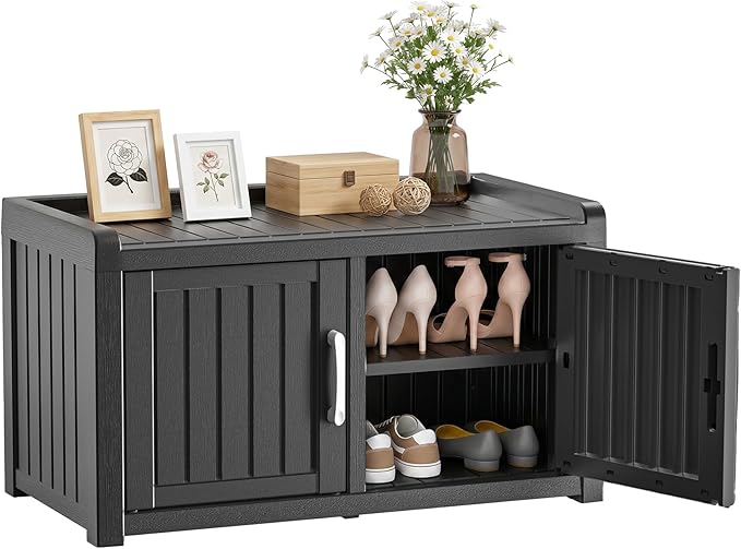 ROJIK Shoe Cabinet Waterproof UV-Resistant,Storage Bench Indoor Outdoor with Adjustable Shelves,for Entryway Bedroom,Hallway,Living Room(Double Door, Deep Black)