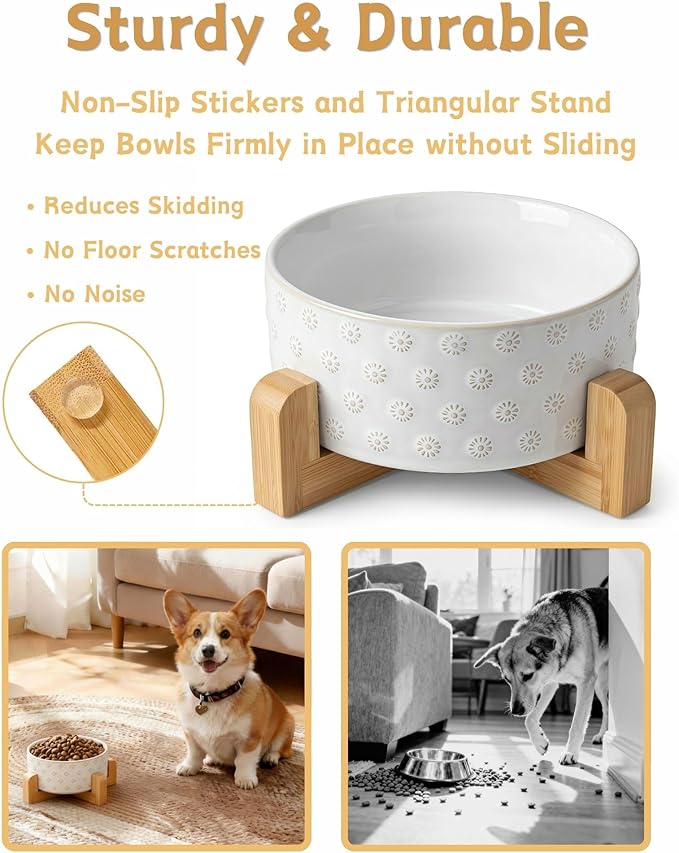 TRUVIC Ceramic Dog Bowl with Wood Stand, Jun Blanc Daisy Relief Dog Food and Water Bowl, 2 Cup/14 oz Puppy Food Bowl for Medium Dogs, Dishwasher Safe, Modern Geometric, Daisy