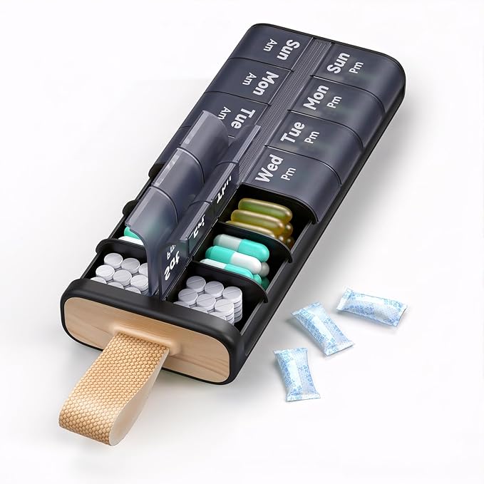 Pill Organizer 2 Times a Day, Built-in Desiccant | 7 Day AM PM Weekly Pill Box, Easy-Open, Portable Carry Handle, BPA-Free, Matte Privacy Case for Supplements and Vitamins