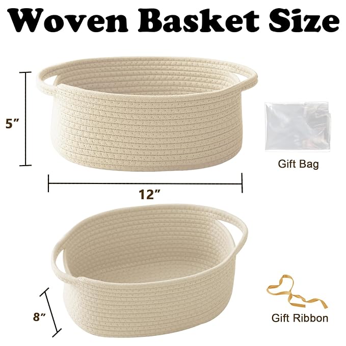 Cream Woven Rope Basket,Baby Gift Basket with Bag & Ribbon | Cotton rope with handle, 12x8x5 in, gift bag and ribbon, for baby shower, birthday, toy storage, nursery, shelf decor