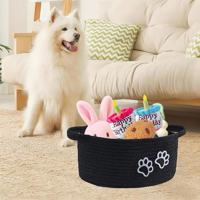 Small Woven Cotton Rope Nursery Organizer Bins, Dog Toy Basket Bins with Handle, Cute Empty Pet Gift Storage Baskets with Paw