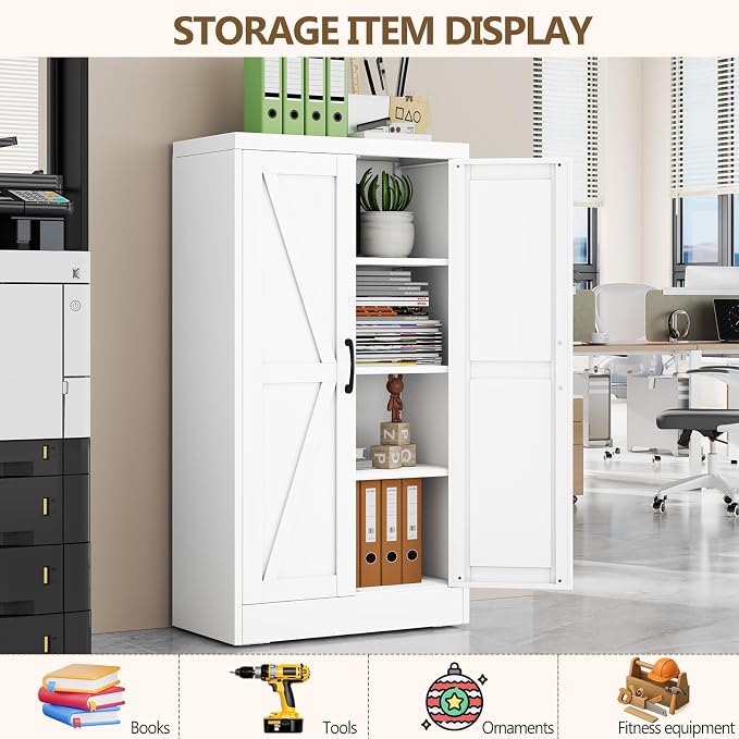 White Metal Storage Cabinet, 43" Kitchen Pantry Cabinets for Office | Steel Kitchen Pantry Storage with Doors and 3 Adjustable Shelves, Metal Tool Cabinet, for Office, Home, Garage, School