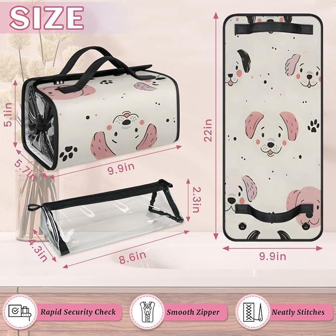 Puppy Dog Makeup Bag for Women Hanging Roll-Up Travel Organizer Toiletry Kit with 4 Removable Compartments, Cute