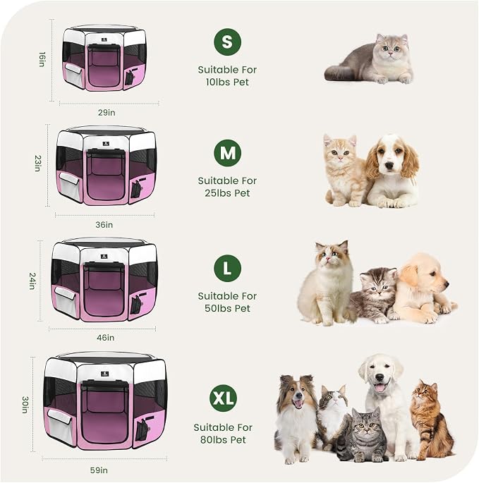 X-ZONE PET Foldable Dog Playpen, Portable Pet Play Pen for Puppy Cat, Pink | Pop‑Up Dog Playpens Indoor & Outdoor, Waterproof Dog Kennel Cage, Removable Top, Travel Camping Playpen, Medium Size