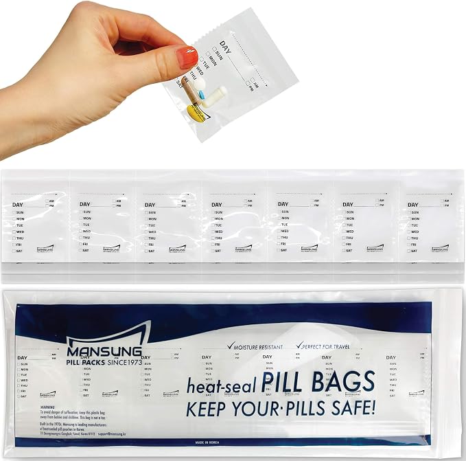 Mansung S Heat Seal Pill Bag pouche Pack Sealed for Medicine Funnel Tray Loading AM PM Organizer Electronic Dispenser kit Daily Sealing Filler Vacuum Vitamin omnicell sorter Paper (S 700 Bags/Week)