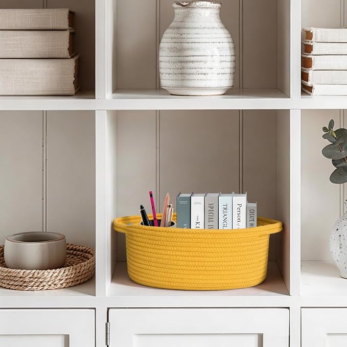 WILLITAT Yellow Basket for Gifts Empty, 13"x 9"x 5" Small Woven Gift Basket with Bag and Ribbon, Cotton Rope Dog Cat Toy Bin Box, Cute Baby Nursery Organizer, Decorative Storage with Handles, Yellow