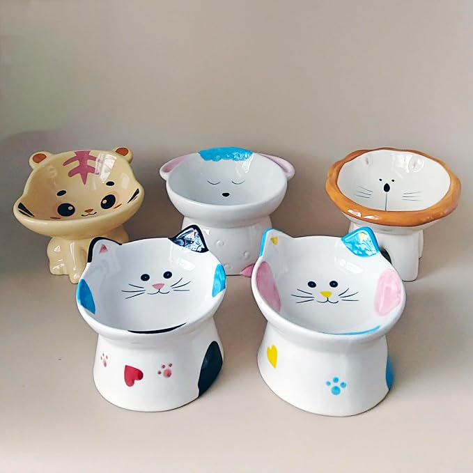 Lion Themed Tilted Ceramic Pet Bowl - High-Raised Cat/Dog Dish, 15° Anti-Regurgitation, 120g Large Capacity