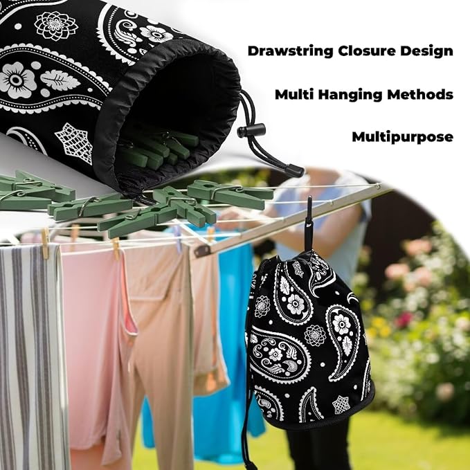 Paisley Pattern Clothespin Storage Bag, Drawstring Laundry Peg Organizer Pouch with Hanging Grommet, Portable Clips Holder for Drying Rack, Camping, RV & Dorm Use