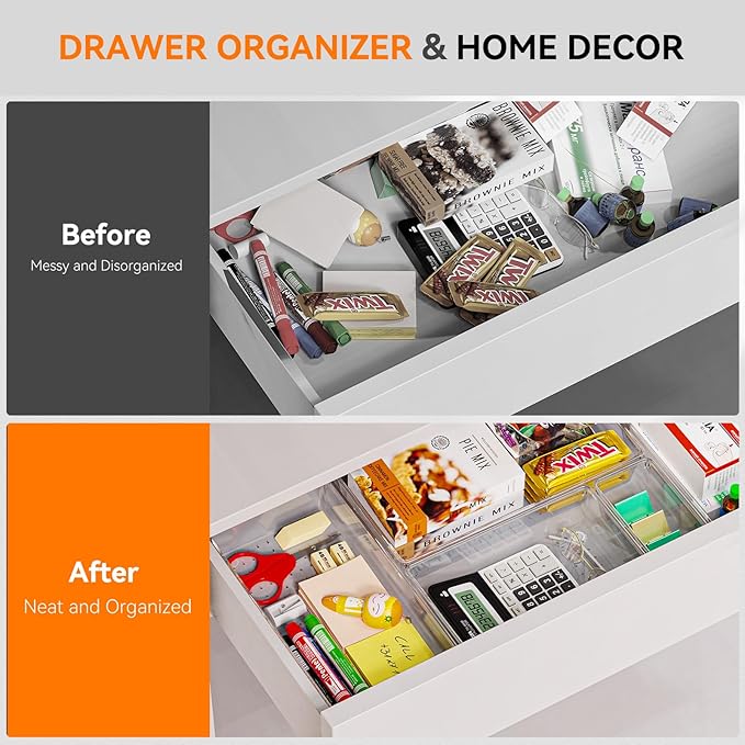 8 Pack Drawer Organizer for Kitchen Gadgets, Large Clear Plastic Drawer Divider for Kitchen Accessories, Bathroom Organizers and Storage, Home Essentials for Makeup and Vanity Accessories