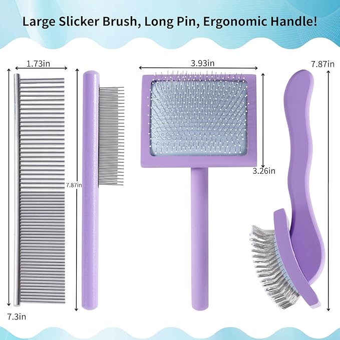 Gently Grooming Slicker Brush with Coated Tips for Long-Haired Dogs-Ergonomic Wooden Handle, Long Pins for Grooming Goldendoodles Poodles Purple