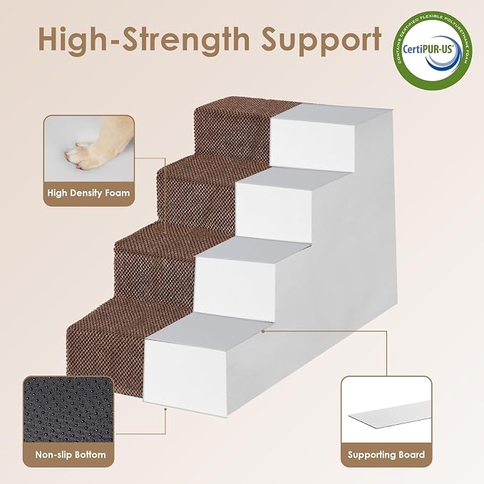 EHEYCIGA Dog Stairs for Bed 20" H, 4-Step Extra Wide Dog Steps, Brown | Pet Steps for Small Dogs and Cats for High Bed, Non-Slip Balanced Pet Ramp Indoor
