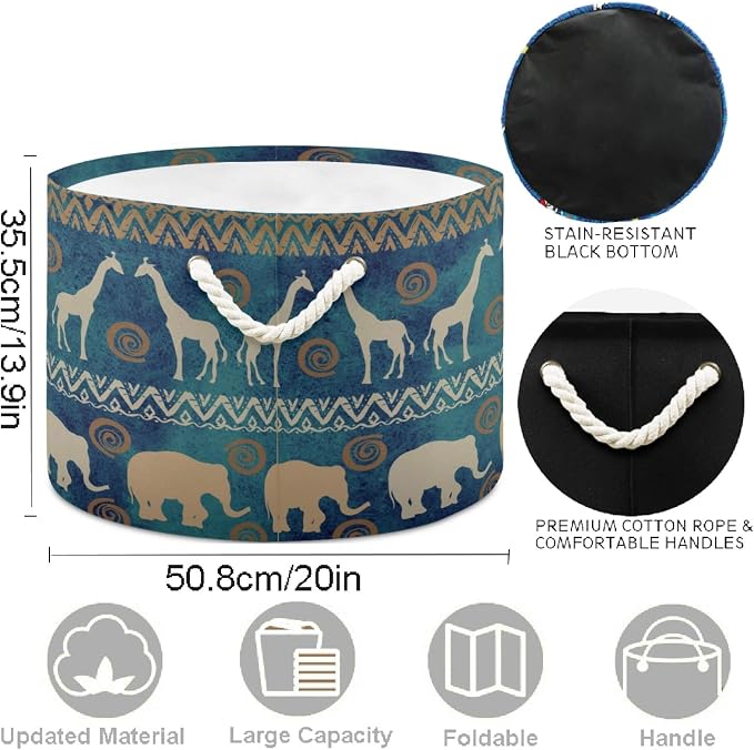visesunny African Tribal Ethnic Elephant And Deer Collapsible Large Capacity Basket Storage Bin with Durable Cotton Handles, Home Organizer Solution for Office, Bedroom, Closet, Toys, Laundry