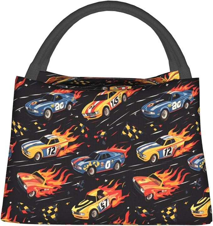 Race Car Insulated Lunch Box for Boys Men,Reusable Tote Bag with Retro Racing Cars and Flaming,Portable Lunchbox Handbag,Makeup Bags Organizer Gifts for Work Office Travel Picnic,11x6.3x6.7in