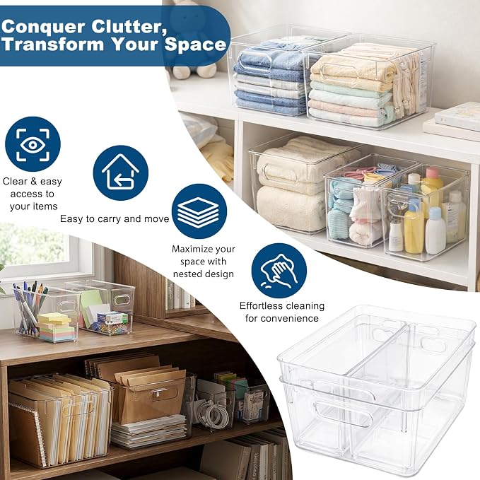 MOONEDGE 8 Pack Clear Plastic Storage Organizer Bins, 4 Large & 4 Narrow | Pantry Organizers and Storage, Clear Bins for Organizing, Narrow Storage Bins, Fruit Storage Containers for Fridge, Kitchen