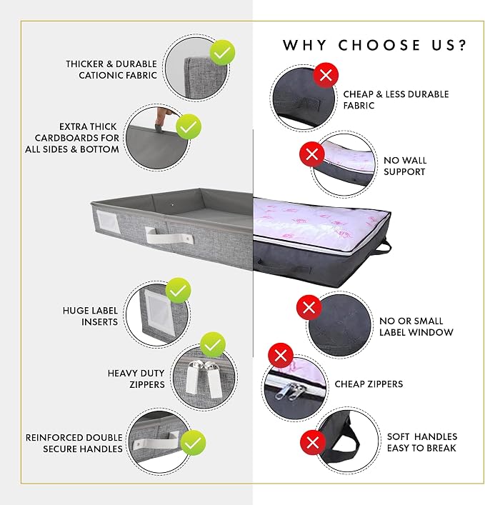 HOMELUX THEORY Under Bed Storage, Low Profile 2pc with Lid, Light Gray | Slim fit for low-clearance beds & couches, Fits seasonal clothes, blankets & shoes, Bins with lids, Space-saving storage