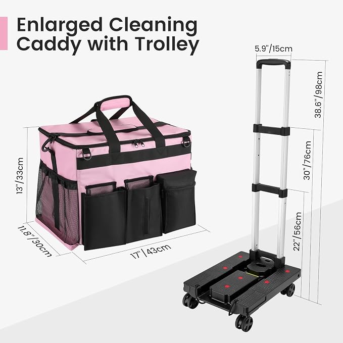 Housolution Extra Large Rolling Cleaning Caddy Bag with Wheels, Pink | Upgrade 360° Free Rotating, Detachable Trolley & Dust-Proof Lid, High load Bearing & Waterproof