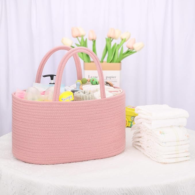 COMSE Large Cotton Rope Baby Diaper Caddy Organizer for Girls, Dusty Pink