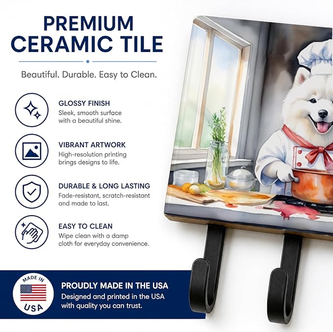 Caroline's Treasures Samoyed The Chef Leash or Key Holder Wall Hooks, Key Hooks Holder, Coat Rack Wall Mount, Coat Hooks, Hooks for Hanging Keys, Towels, Aprons, Leashes | Samoyed The Chef artwork on ceramic tile with three steel hooks for keys, leashe...