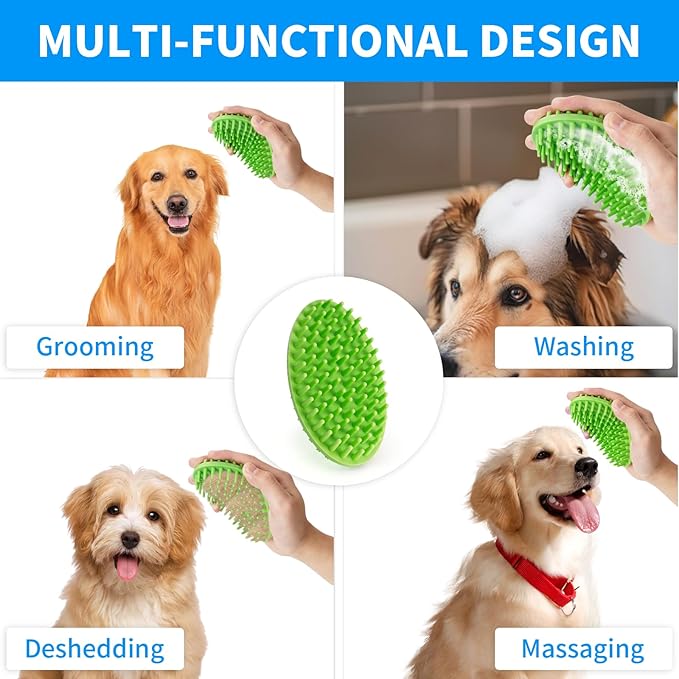 Dog Bath Brush, Green Double-Sided Shampoo Massage Brush, Adjustable Collar Handle for Grooming Short and Long Haired Pets(1pcs)
