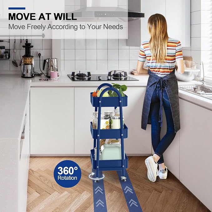 3 Tier Utility Rolling Cart, Metal Storage Cart with Handle and Lockable Wheels, Multifunctional Storage Organizer Trolley with Mesh Baskets for Kitchen, Living Room, Office, Garage (Indigo)