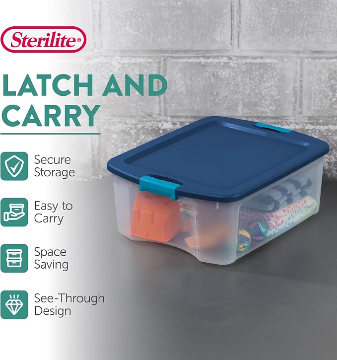 Sterilite 12 Gal Latch and Carry, Stackable Storage Bin with Latching Lid, Plastic Container to Organize Closets, Clear with Blue Lid, 6-Pack | Stackable Tote Containers with Handles and Latching Lids for Bed, Garage, Office, Kitchen, Closet & Classroom