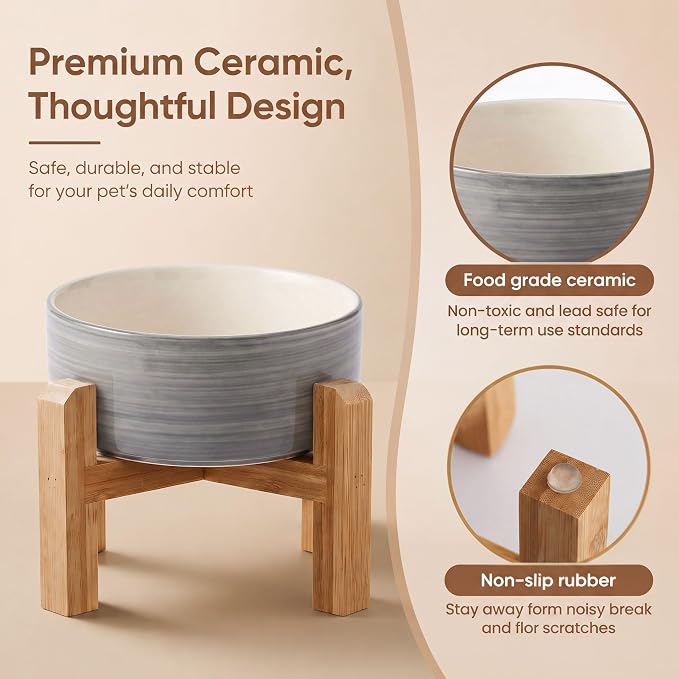 hjn Elevated Ceramic Dog Bowl with Bamboo Stand, Raised Pet Feeding Station for Small Medium Dogs Cats, Modern Design with Anti-Slip Base (White Gray, 3.6Cup)