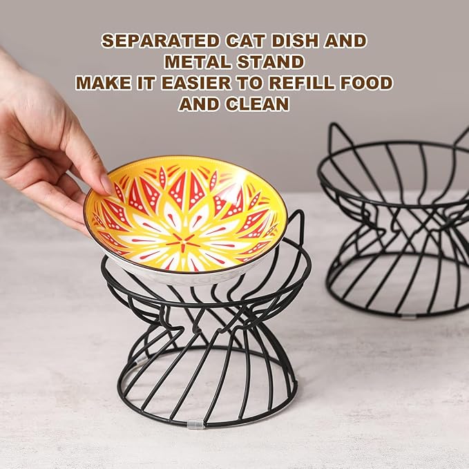 Metal Stand for Cat Dish - Raised Cat Bowl Holder with Anti Slip Sleeves - Black Iron - Elevated, Anti Vomiting, Backflow Prevention - 5.9 x 4.7 inches