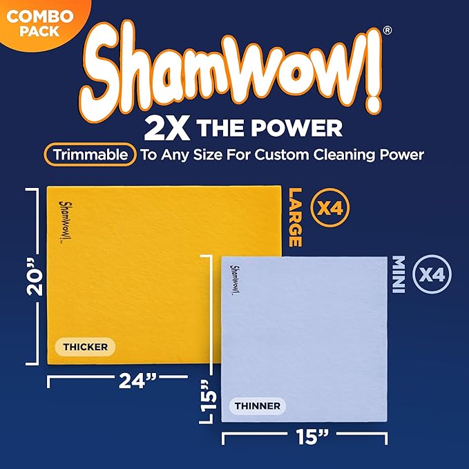ShamWow Original Super Absorbent Multi-Purpose Cleaning Shammy Chamois Towel Cloth - Holds 10X its Weight in Liquid - Machine Washable - Will Not Scratch (8 Pack: 4 Large Orange & 4 Small Blue).