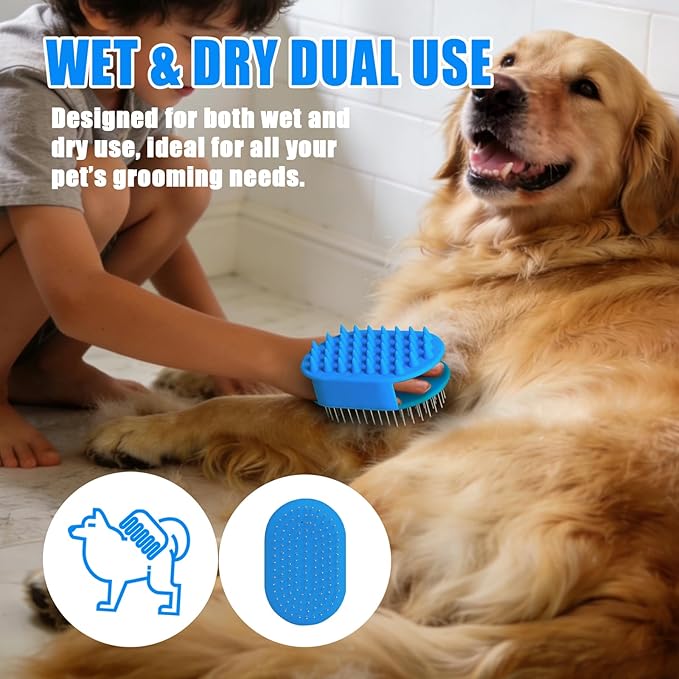 Upgraded Double-Sided Dog Grooming Brush, Silicone Pet Bath Brush for Long Short Haired Dogs and Cats, Dog Shampoo Brush for Shower, Massage, 3-in-1 Hair Removal Comb for Shedding & Deshedding
