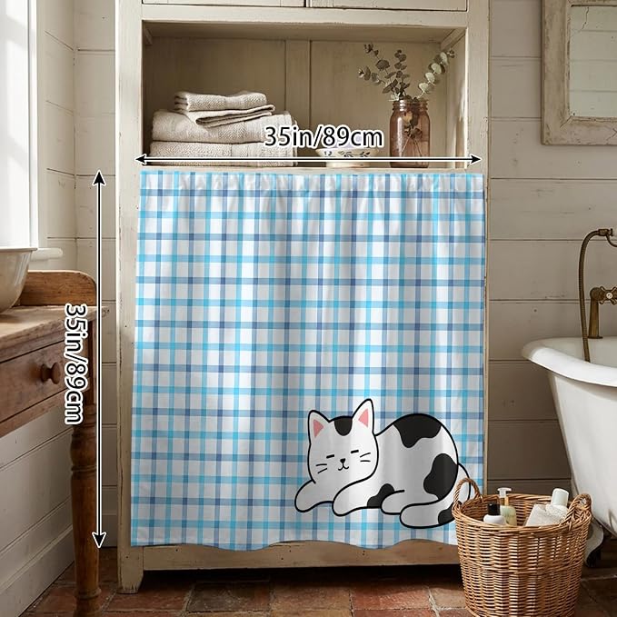 Cute Cat Cabinet Dishwasher Hidden Curtains, Privacy Closet Door Curtain, Blue Purple Checked Modern Pet Cats Rustic Adhesive Dust Proof Under Sink Skirt for Bathroom Kitchen 35"x35"