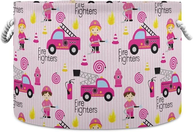 Pink Firefighter Collapsible Round Storage Basket with Handles | Fire Trucks Equipment Large Laundry Baskets Hamper, Organizer Bin for Nursery Bedroom Living Room Decor, 20x 20x 14 Inches